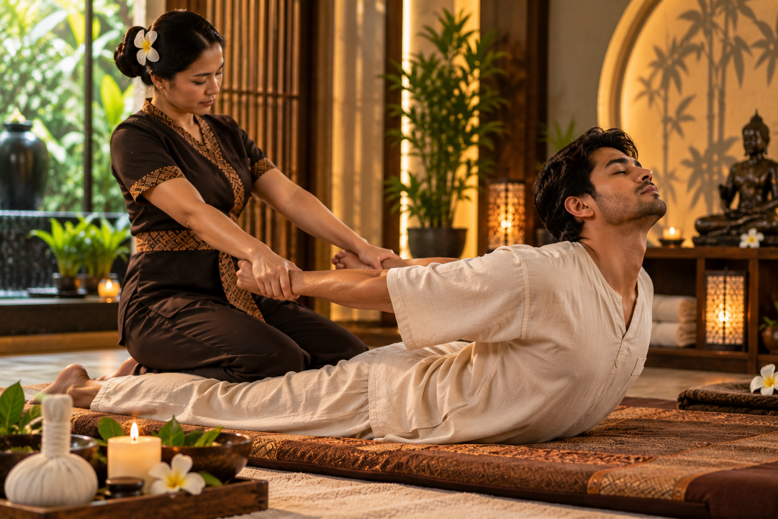 Traditional floor mat setup for Thai massage at Infinity Beauty & Spa